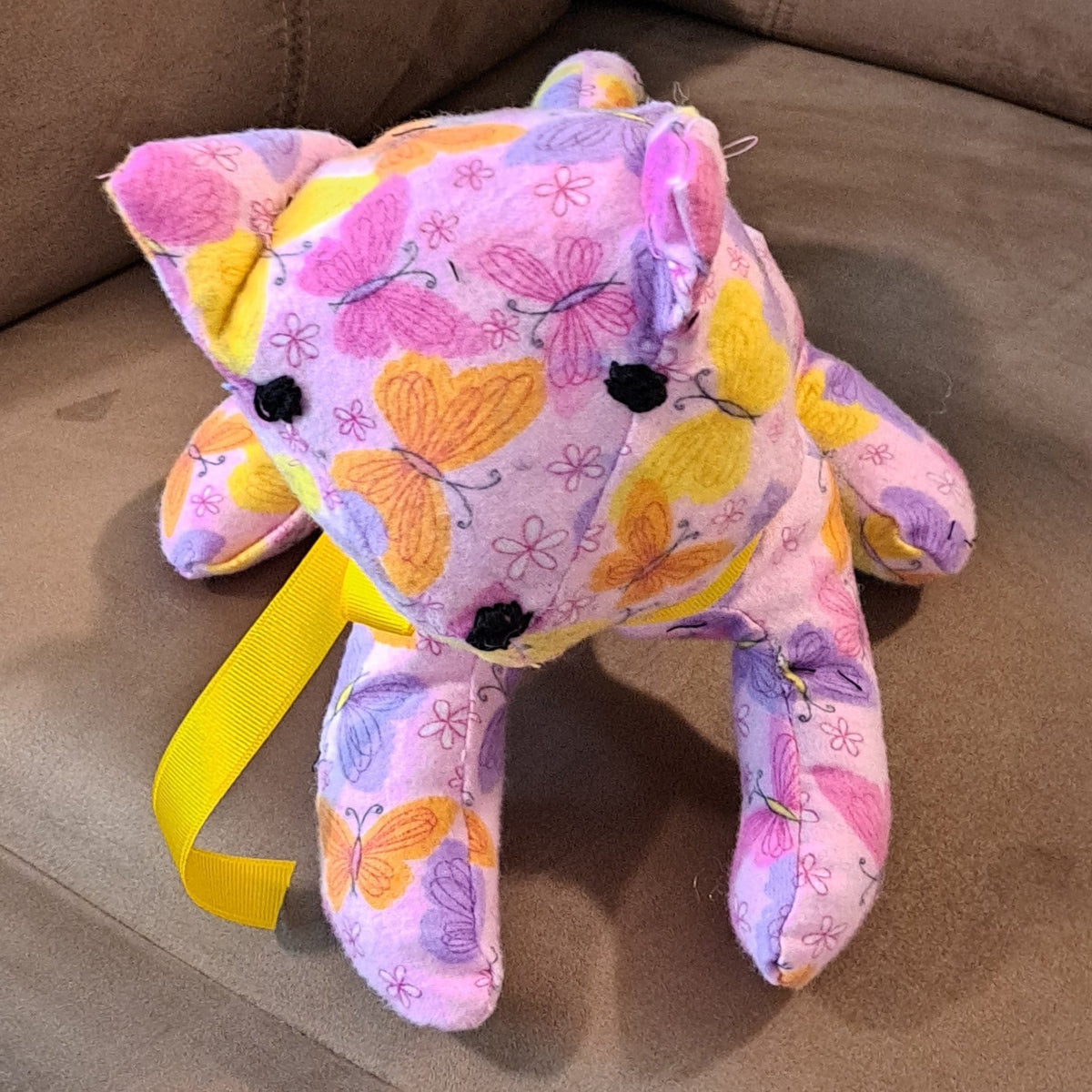 Kitten-lilac flannel butterfly print, embroidered eyes & nose, safe for all ageds