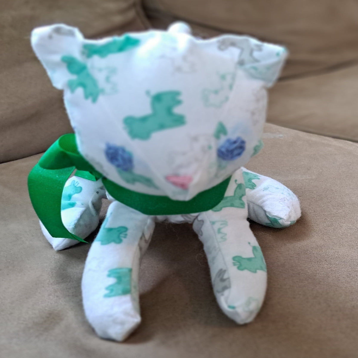 Kitten-white & green flannel little giraffe print, blue embroidered eyes & pink embroidered nose, baby safe