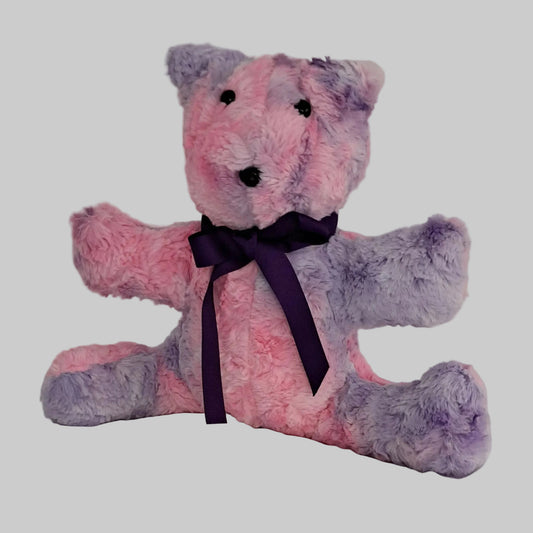 Shaggy Plush Tie Dye (pink, lavender, purple, blue) sitting bear arm outstretched to 17", plastic eyes & nose, ages 3+ years