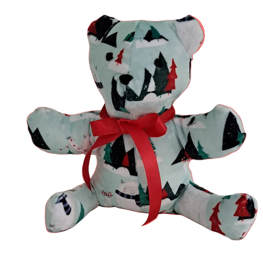 Minky Plush Christmas teddy with outstretched arms to 17", aqua background with tees & snowmen, red bow, embroidered eyes & nose, safe for all ages