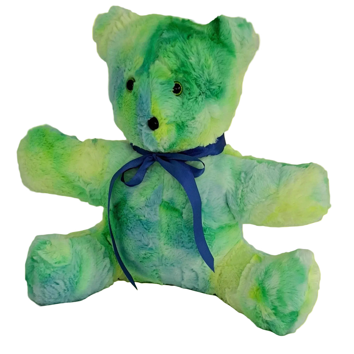 Tie Dye (green yellow blue) shaggy plush siting teddy with arms outstretched to 17", Blue bow, plastic eyes & nose, ages 3+ years
