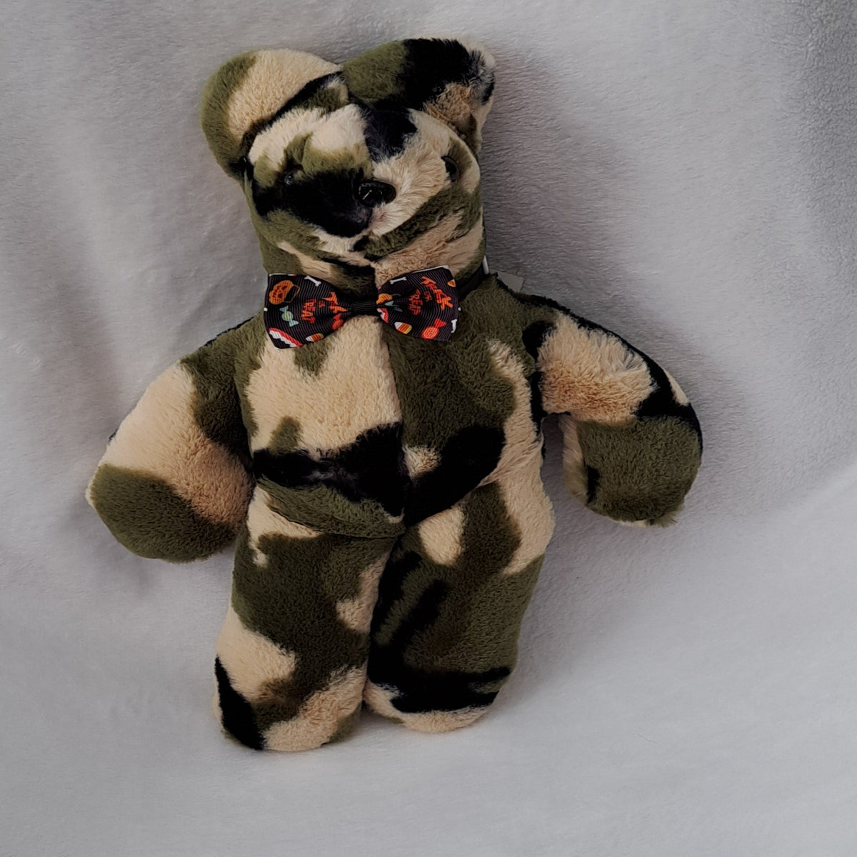 Minky Plush 14"tallx10"across  Camo Bear with a bow tie, plastic eyes & nose, ages 3+ years
