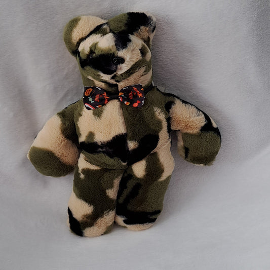 Minky Plush 14"tallx10"across  Camo Bear with a bow tie, plastic eyes & nose, ages 3+ years