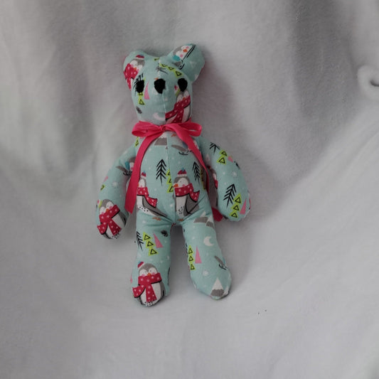 stuffed flannel aqua Christmas Bear made from penguin pattern with pink trim, 14"tall X 10" across, embroidered eyes & nose, safe for all ages