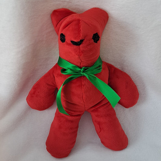 14"tall x10"wide red minky plush stuffed bear with embroidered eyes & nose, safe for all ages