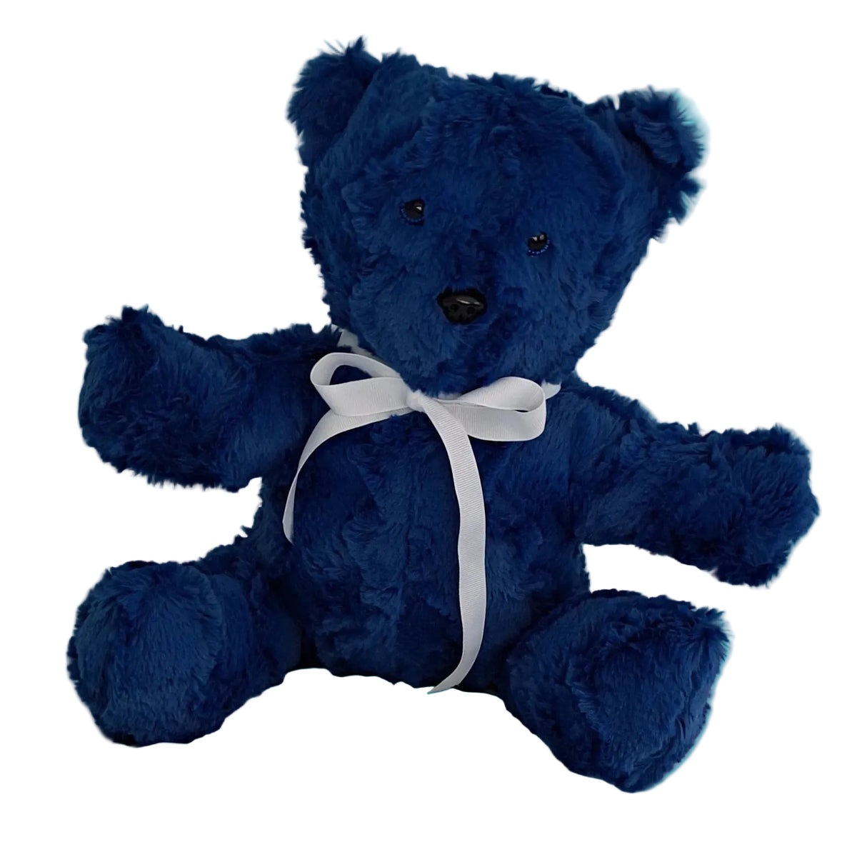 Blue shaggy plush sitting teddy with are outstretch to 17", Plastic eyes & nose, ages 3+ years