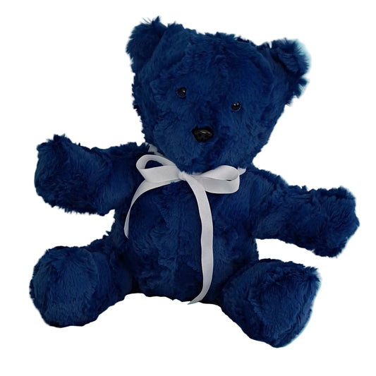 Blue shaggy plush sitting teddy with are outstretch to 17", Plastic eyes & nose, ages 3+ years