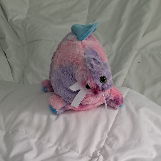 27"long shaggy tie dye (pink, blue. lavender & purple) Dino with a blue minky crest, plastic eyes making it suitsble for 3+ ages