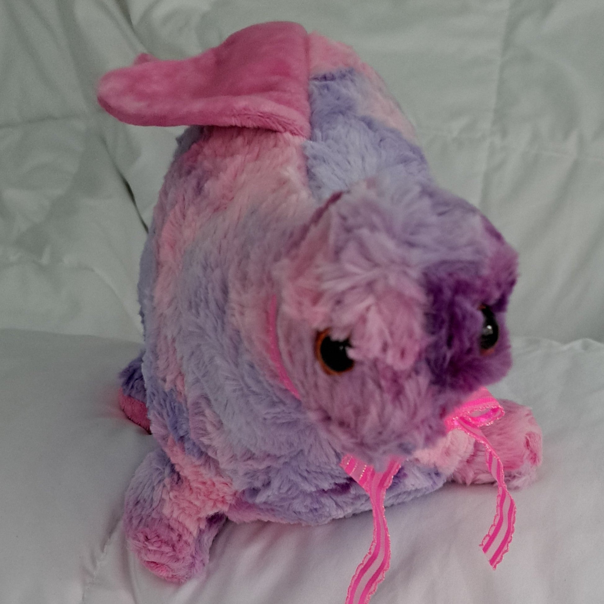 27"long shaggy tie dye (pink, lavender, blue & purple) dino with pink minky crest, plastic eyes suitable for 3+ ages