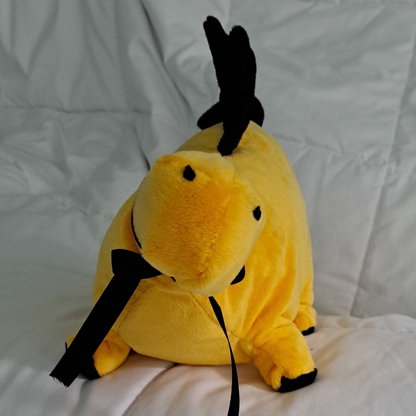27" long minky plush dino with black minky crest, embroidered eyes, safe for all ages