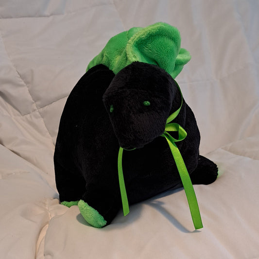 27" black minky plush dino with lime green minky crest , green embroidered eyes, safe for all ages