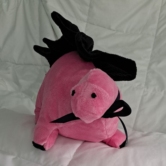 Pink minky plush 27" long dino with black crest, embroidered eyes, safe for all ages