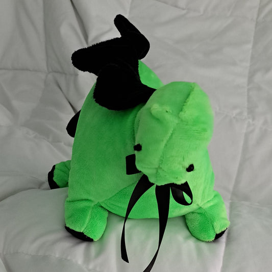 Line Green minky plush 27"long dino with black cfest, embroidered eyes, safe for all ages