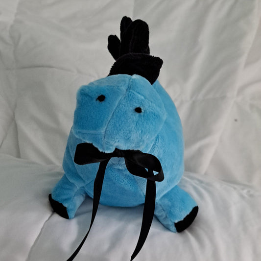 27" long blue minky plush with black Minky crest, embroidered eyes, safe for all ages