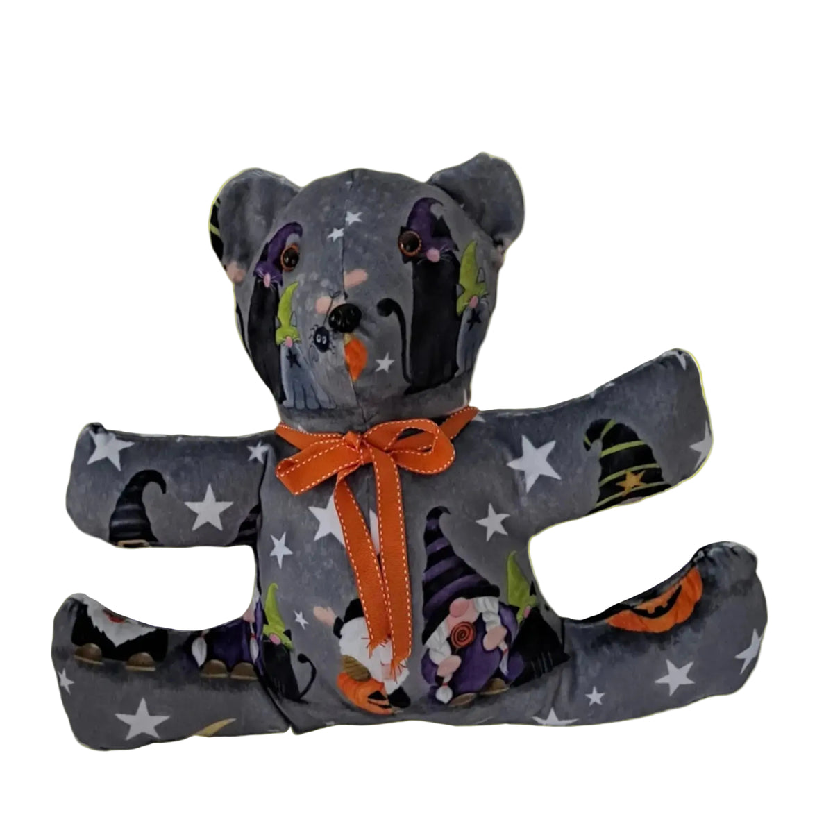 Halloween Minky Plush sitting teddy with outstretch arms to 17". gray background with Gomes & pumpkins, topped with orange bow, plastic eyes & nose, ages 3+ years