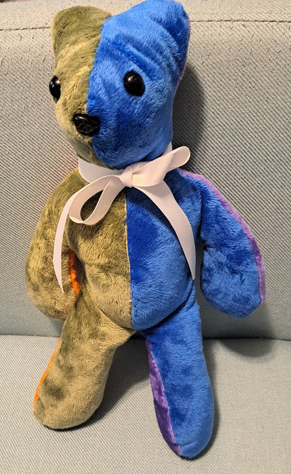14-inch-tall patchwork plush bear, front blue & green, plastic eyes & noe, 3+yrs